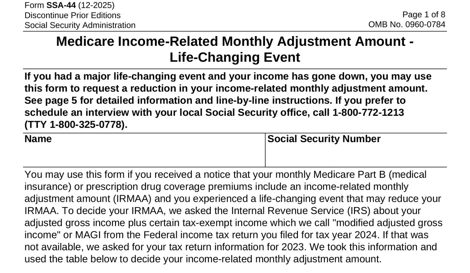 SSA-44 introduction explaining eligibility and income-related Medicare adjustments