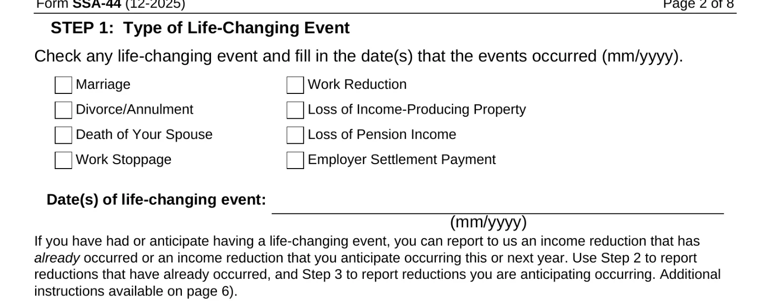 SSA-44 Step 1 work stoppage and work reduction checkboxes and life-event date