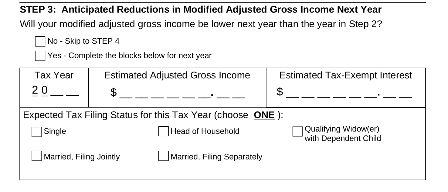 SSA-44 Step 3 anticipated lower MAGI next year and estimated income fields