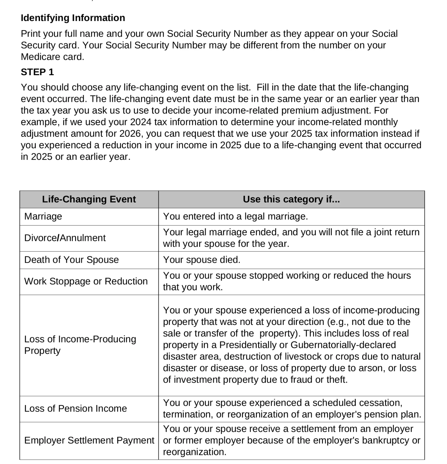 SSA-44 life-changing event definitions and event-date rule with a 2026 example
